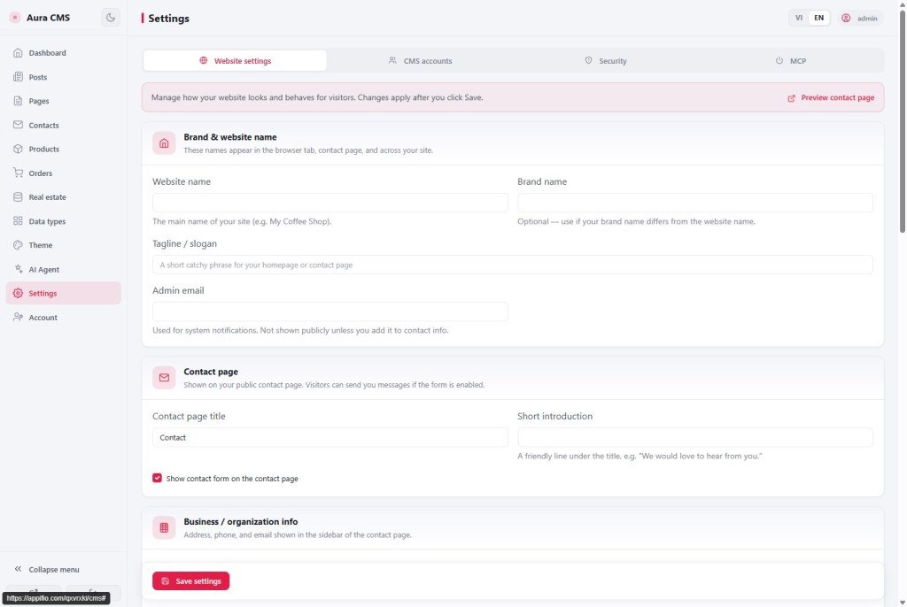 CMS Settings Website tab with brand fields contact form and Save settings