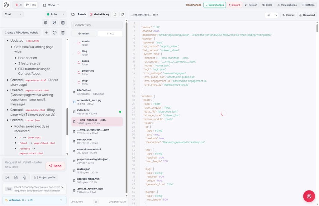 Code editor open on __cms_manifest__.json with entities and storage rules