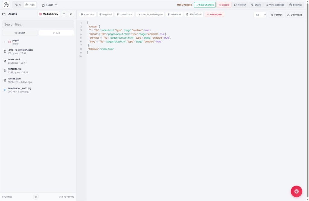 Code editor open on routes.json showing path-to-file mappings