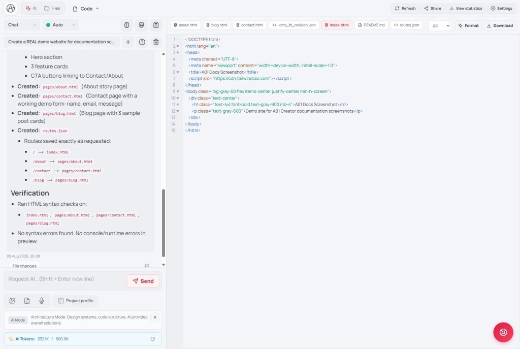 Code editor showing HTML page files in Creator