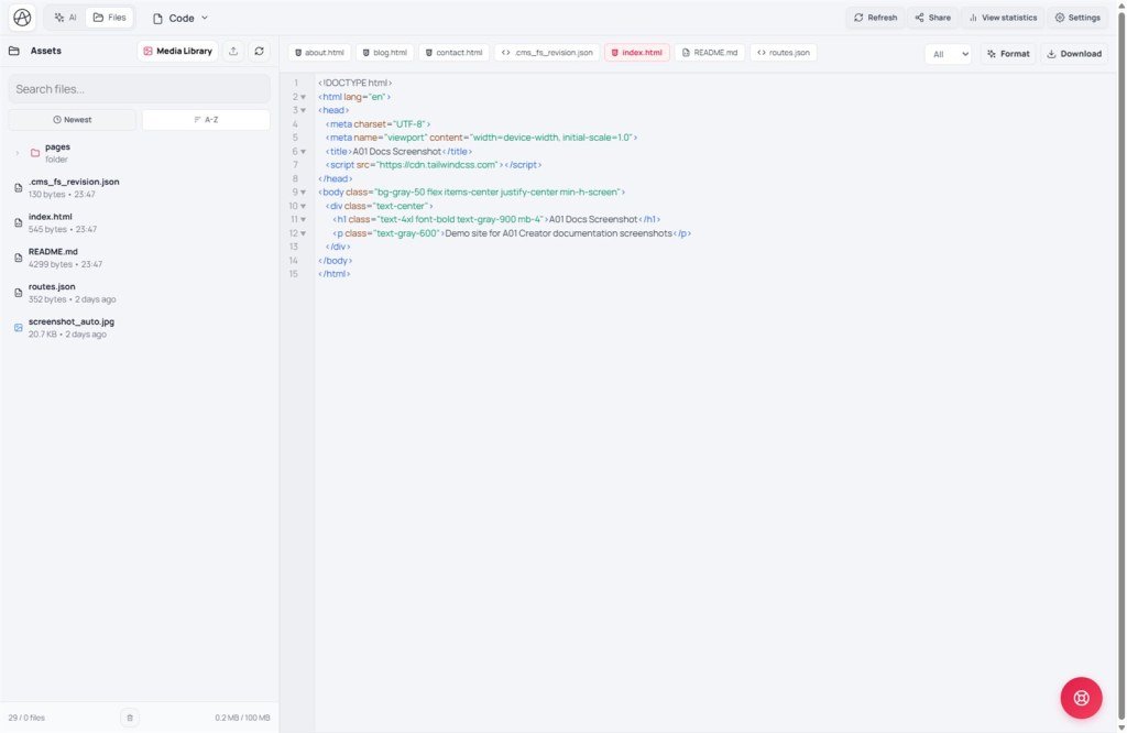 Code tab Assets panel with file tree, Media Library button, search, and storage quota