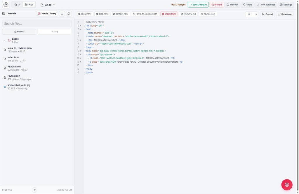 Code tab Monaco editor editing index.html with Format and Download buttons