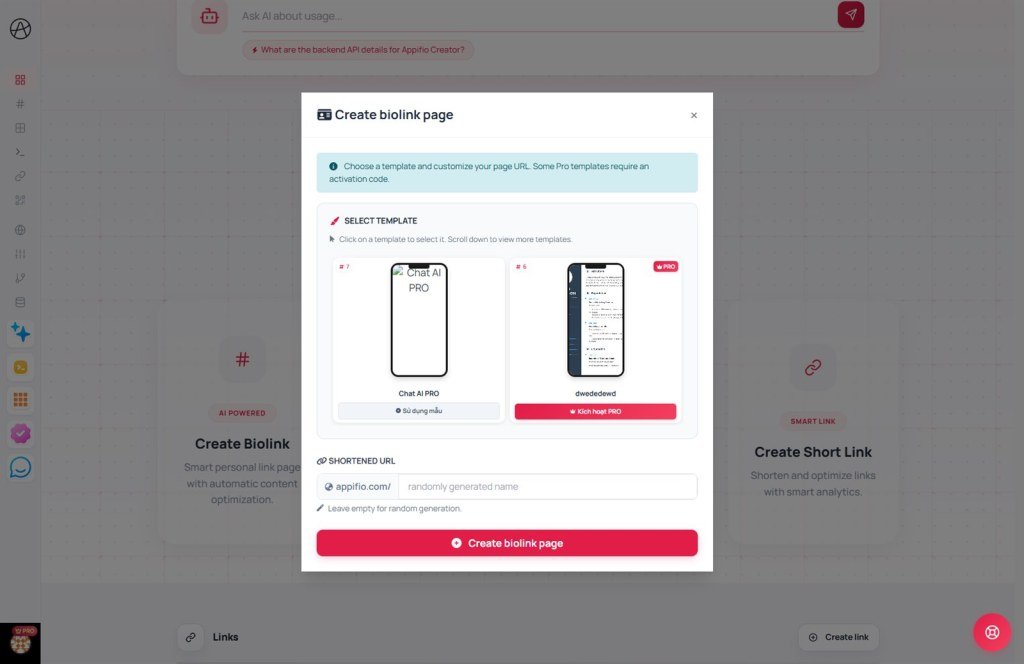 Create biolink page modal with template selection and Shortened URL