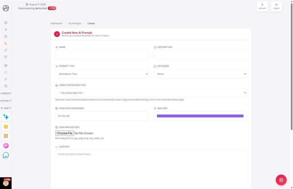 Create New AI Prompt form with name type category content and cover image fields