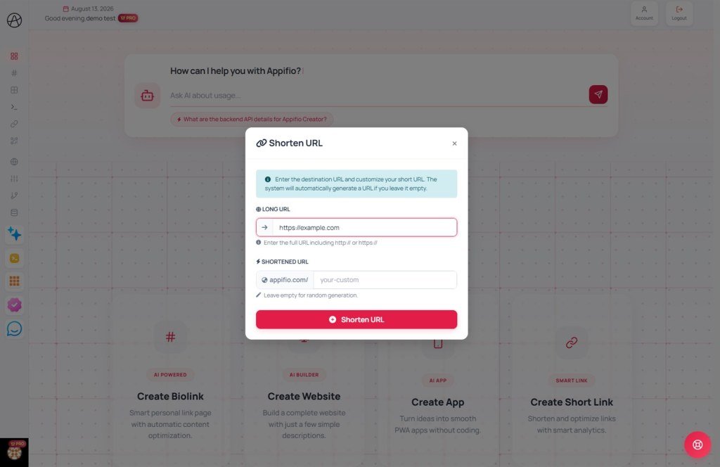 Create Short Link modal with Long URL and Shortened URL fields