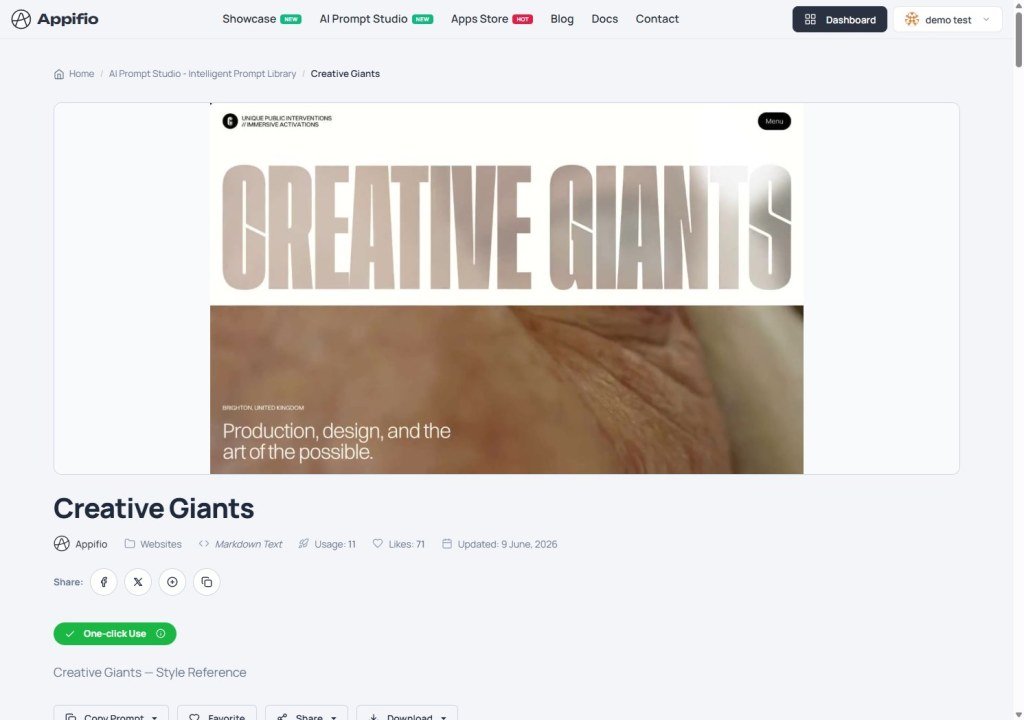 Creative Giants prompt detail page with One-click Use and prompt metadata