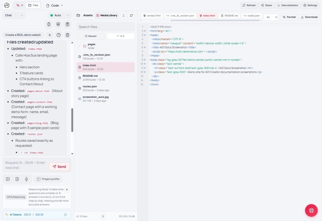 Creator Files and Code workspace used to create backend function files