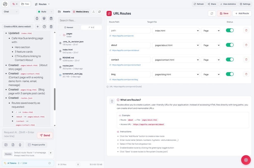 Creator Files tab with project pages, routes.json, and the live file tree