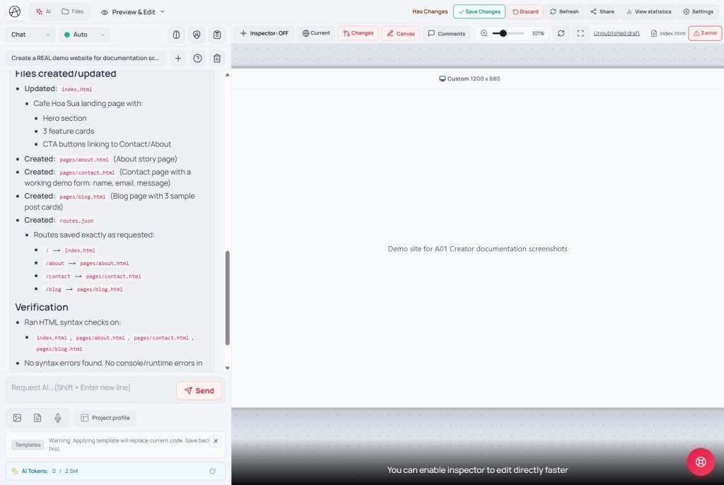 Creator Preview Changes view with Inspector toolbar and unpublished draft