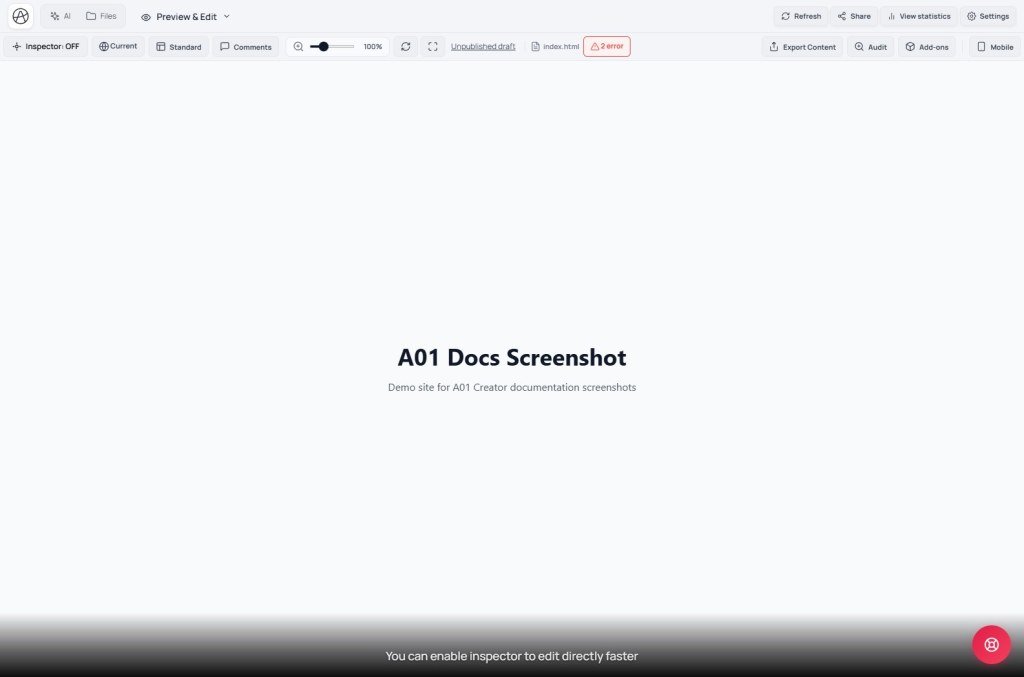 Creator View & edit tab in Standard preview at 100% zoom with Inspector off