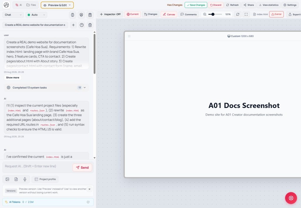 Current tab - live placeholder page «A01 Docs Screenshot»
