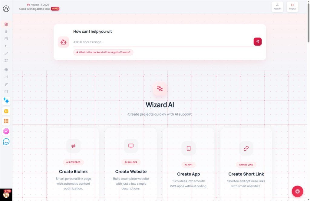 Dashboard Wizard AI with Biolink Website App and Short Link cards