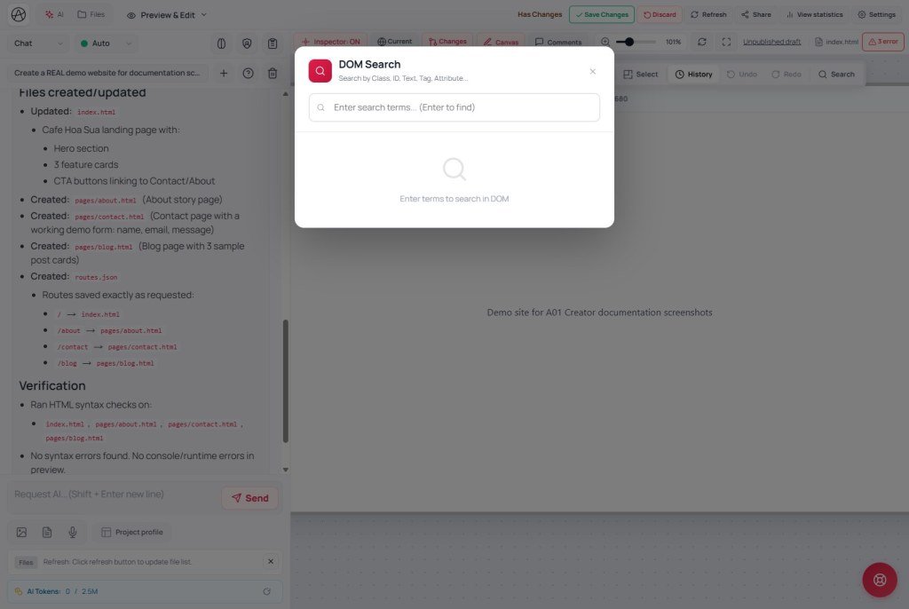 DOM Search modal Search by Class ID Text Tag Attribute