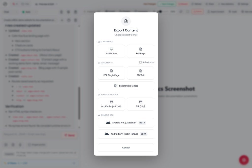 Export Content modal Android APK Capacitor and Kotlin Native BETA