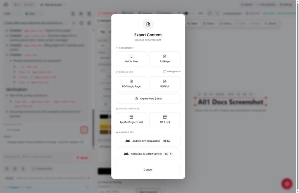 Export Content modal Screenshot PDF Word AFI ZIP and Android APK BETA