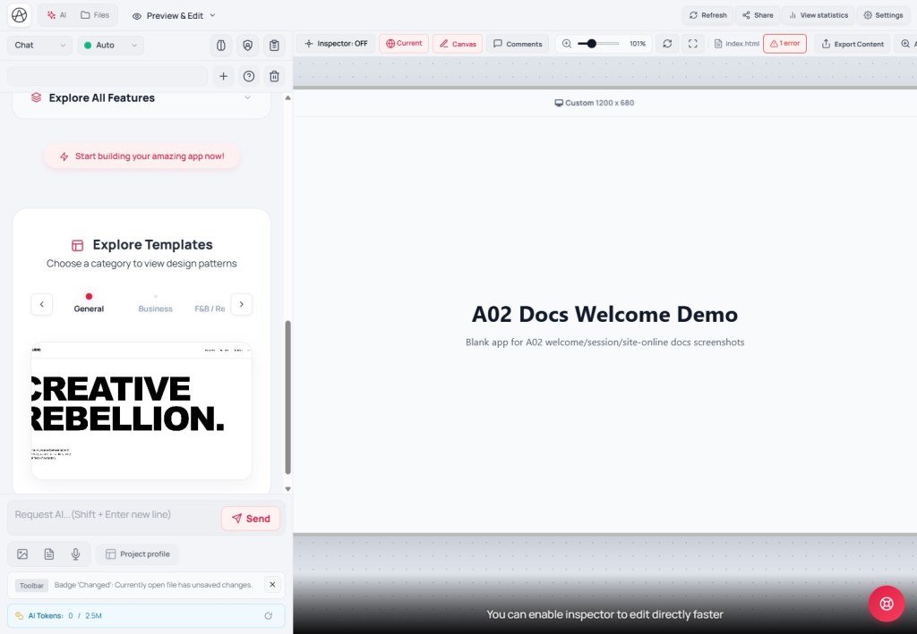 Opening Creator - overview Fresh blank Creator: Welcome plus Explore Templates, no AI chat history yet