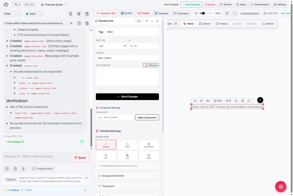 Inspector Detailed Settings with Display Mode, Background and Border, and Typography panels