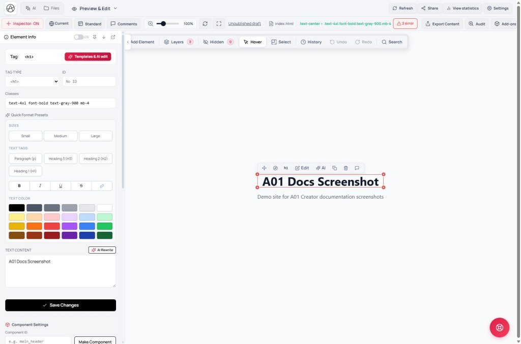 Inspector ON with Element Info and Layers selection