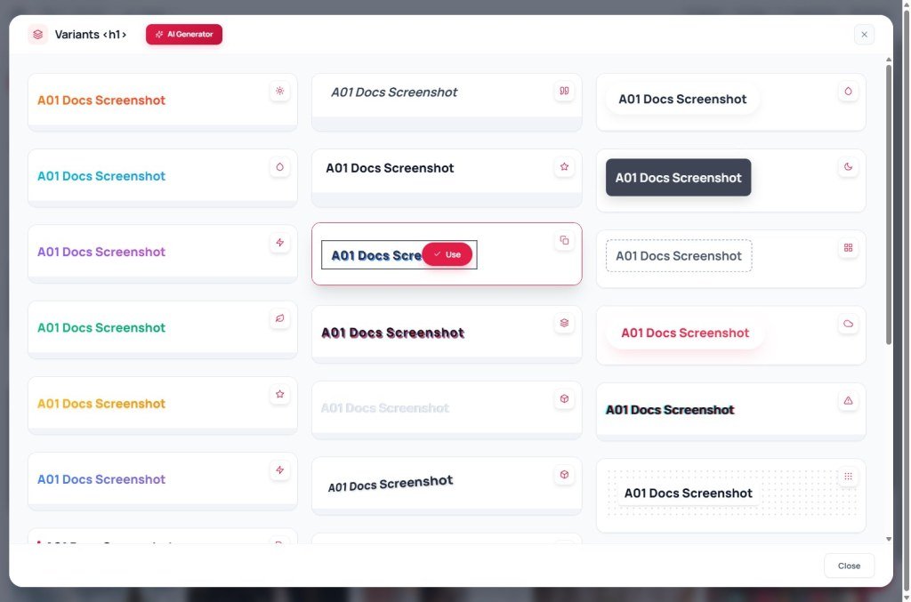 Inspector Variants library grid for a selected h1 with Use buttons