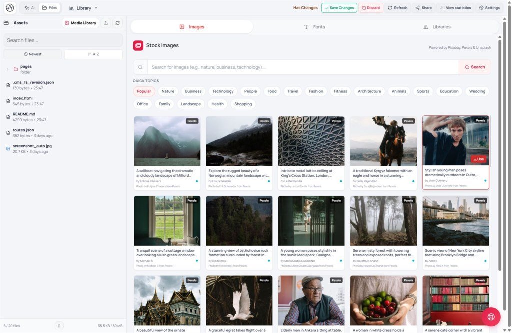 Library Images subtab with Stock Images from Pexels and Use buttons