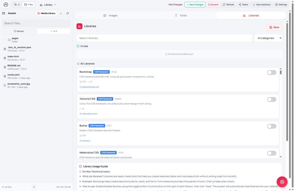 Library Libraries subtab listing Bootstrap and Tailwind with enable toggles