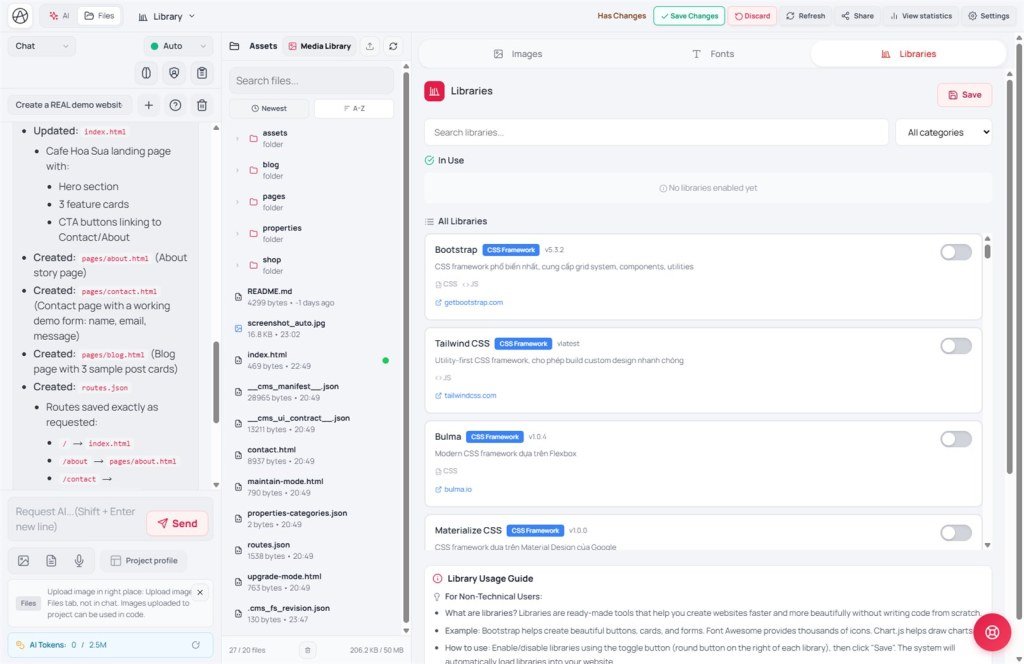 Library tab Libraries CDN toggles for Bootstrap Tailwind Bulma