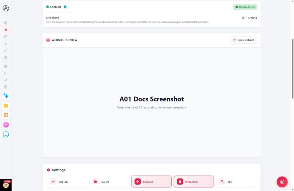 Link settings row with Redirect Protection Project SEO controls