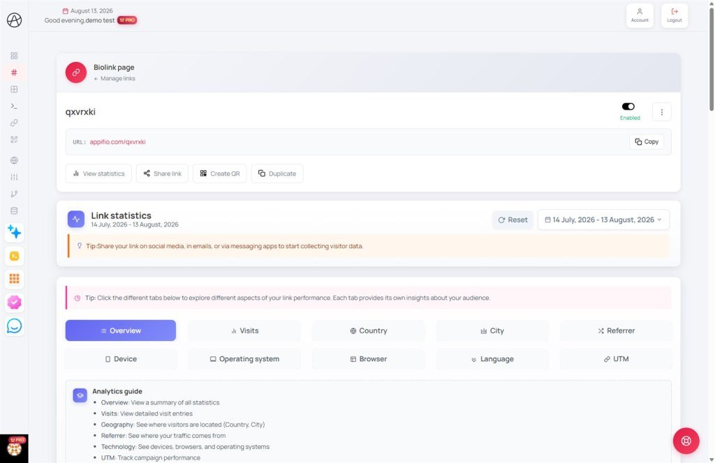 Link statistics Link statistics page with pageviews visitors and report tabs