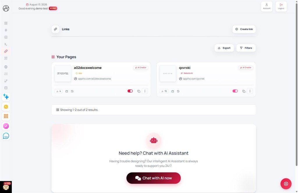 Links list Your Pages with Create link Export and Filters