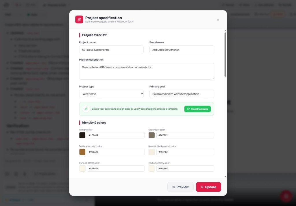 Project specification with brand colors and mission for the AI