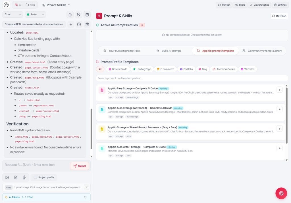 Prompt and Skills Appifio prompt template list with Storage and CMS guides