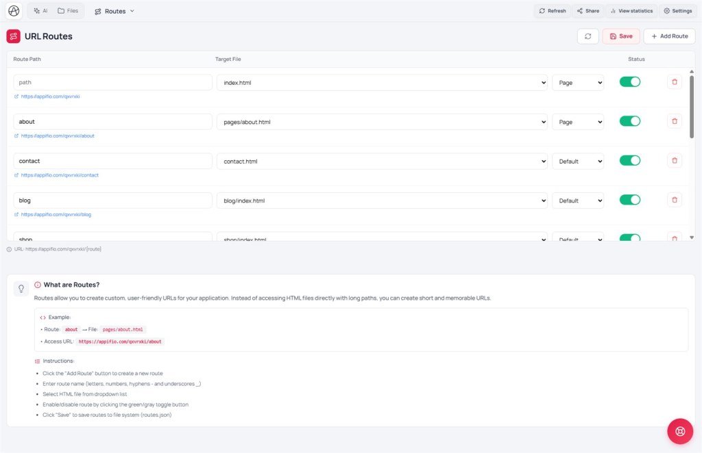 Routes table showing full absolute visitor URLs