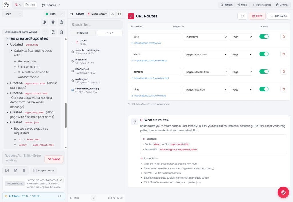 Routes workspace with Assets panel listing pages and routes.json