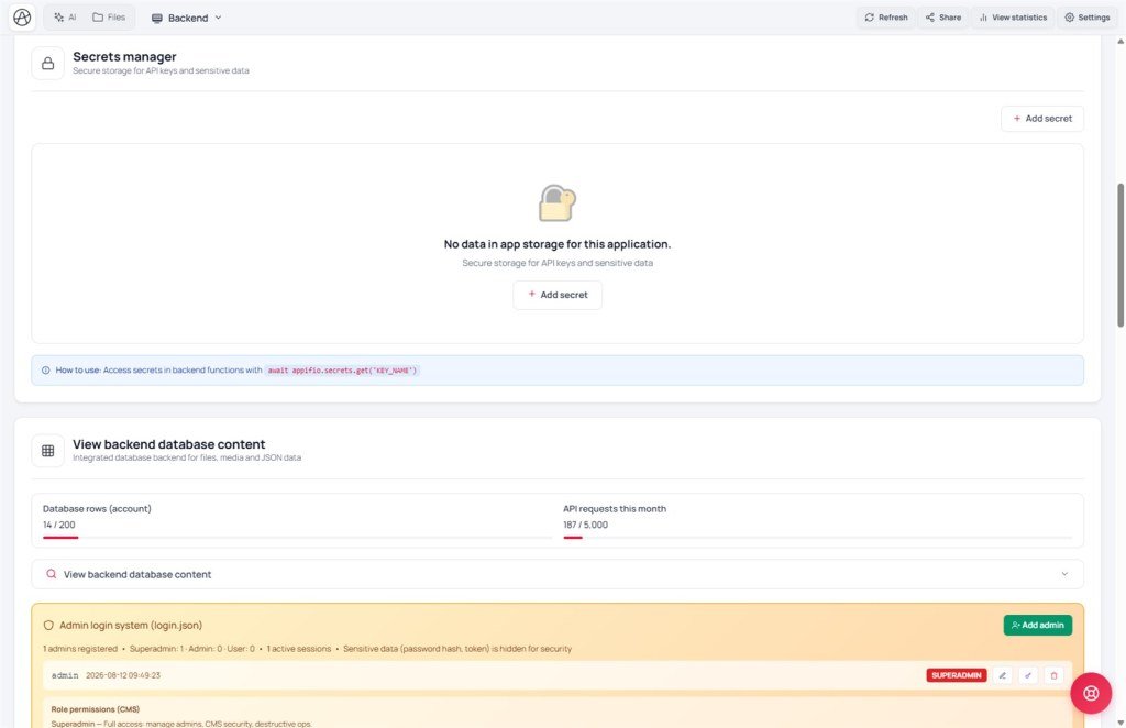 Secrets manager empty state with Add secret and appifio.secrets.get tip