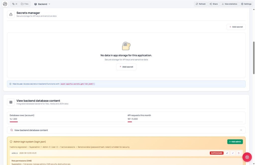 Secrets manager with Add secret and appifio.secrets.get tip