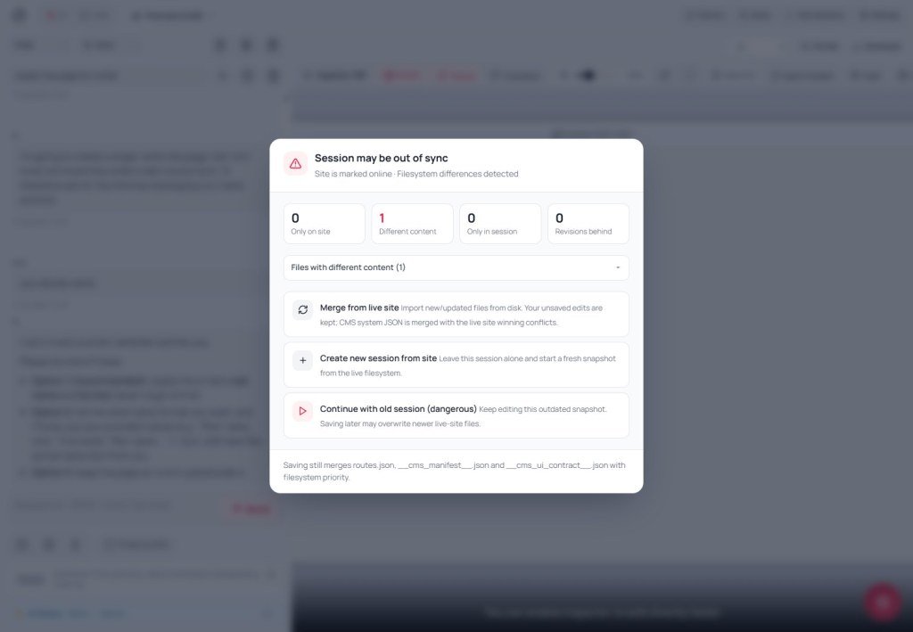 Session out of sync warning Session may be out of sync modal when Site online: file differences and Merge / new session / continue dangerous choices