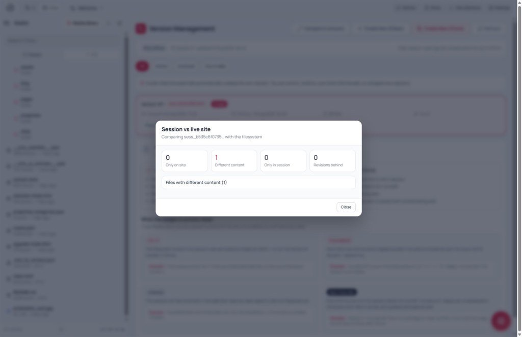Diff vs site Session vs live site modal comparing session files with the filesystem
