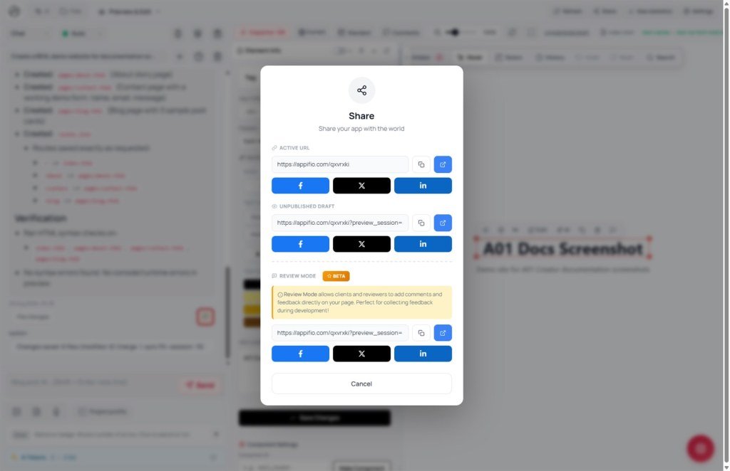 Share modal with Unpublished draft preview and Review Mode BETA