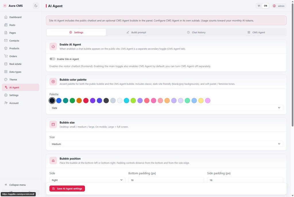 Site AI Agent Settings: enable toggle bubble palette size position