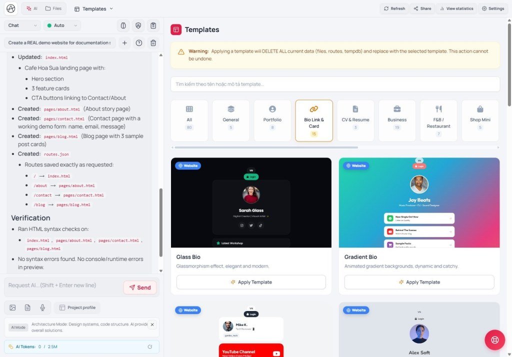 Templates tab filtered to Bio Link and Card with Glass Bio and Gradient Bio