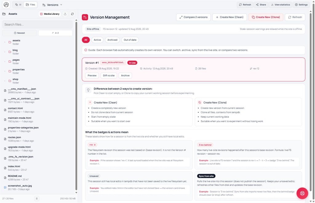 Versions tab Create New Clean and Create New Clone