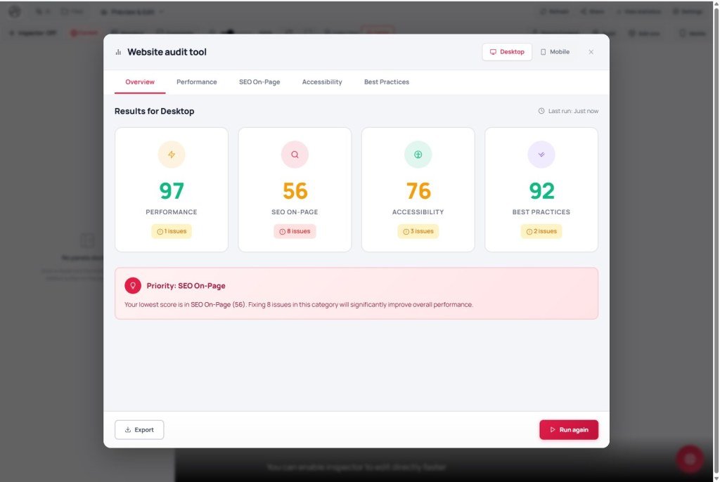 Website audit tool Overview with Performance, SEO, Accessibility, and Best Practices scores
