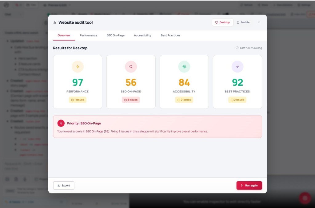 Website Audit Tool Overview with Performance SEO Accessibility Best Practices scores